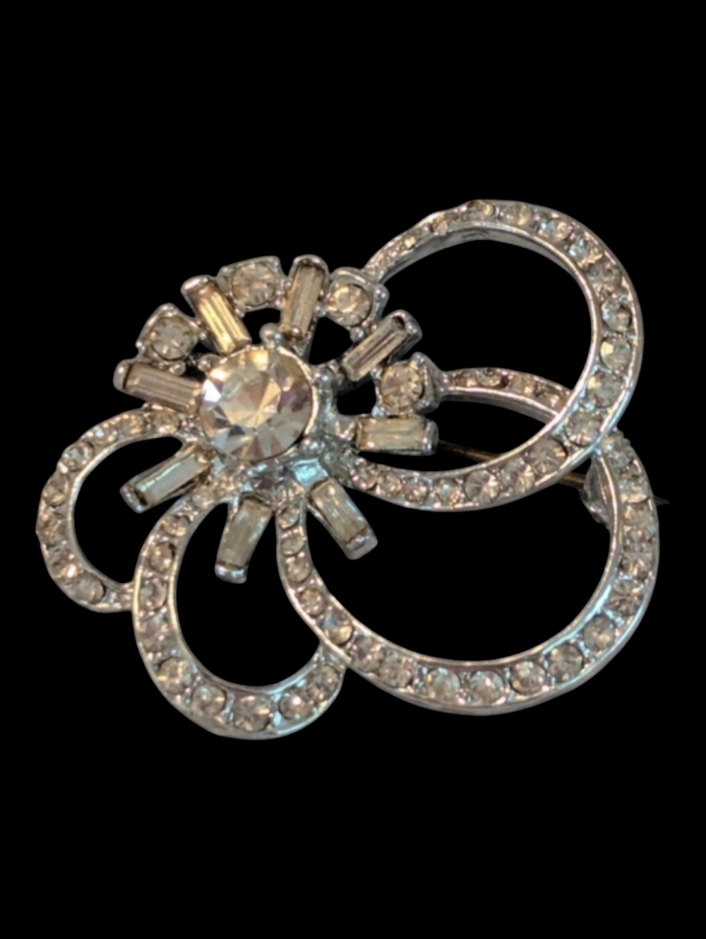 Rare 1960s Jomaz White Crystal Rhinestones Silver Tone Ribbon Brooch Pin.